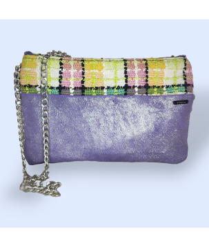 POCHETTE IN TESSUTO BOUCLE' E PELLE CAVALLINO COL. VIOLA LAMINATO