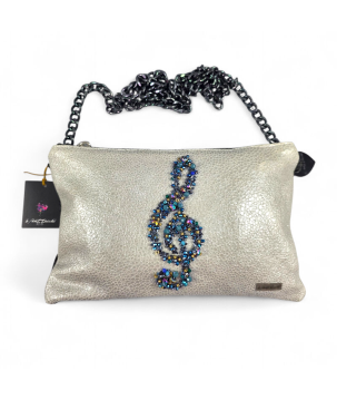 POCHETTE IN PELLE, CHIAVE DI VIOLINO RICAMATA, CON PIETRE
