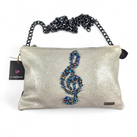 POCHETTE IN PELLE, CHIAVE DI VIOLINO RICAMATA, CON PIETRE