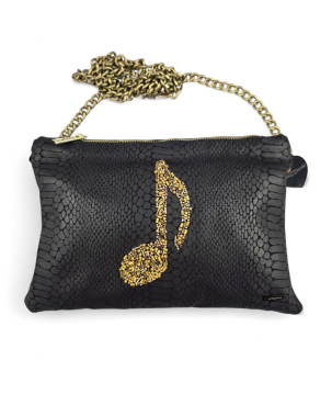 POCHETTE IN PELLE, CON NOTA MUSICALE RICAMATA, CON PIETRE