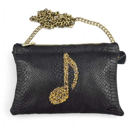POCHETTE IN PELLE, CON NOTA MUSICALE RICAMATA, CON PIETRE
