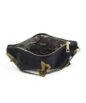 POCHETTE IN PELLE, CON NOTA MUSICALE RICAMATA, CON PIETRE