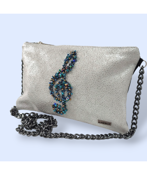 POCHETTE IN PELLE, CHIAVE DI VIOLINO RICAMATA, CON PIETRE, SWAROVSKI E FINITURE METALLICHE