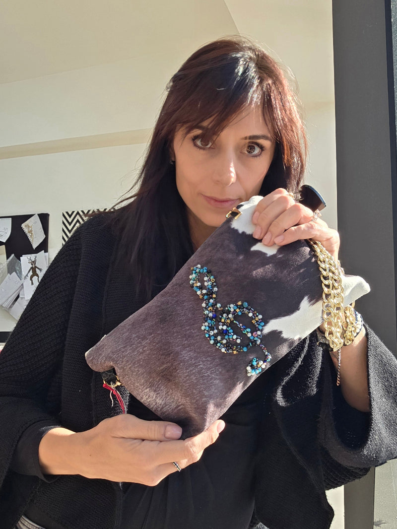 BORSA IN TESSUTO PIED DE POULE RICAMATA